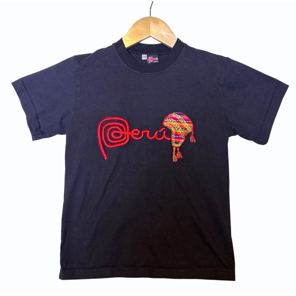 Peru‎ Nazca Black T-Shirt With Colorful Embroidered Design Childrens Size 10